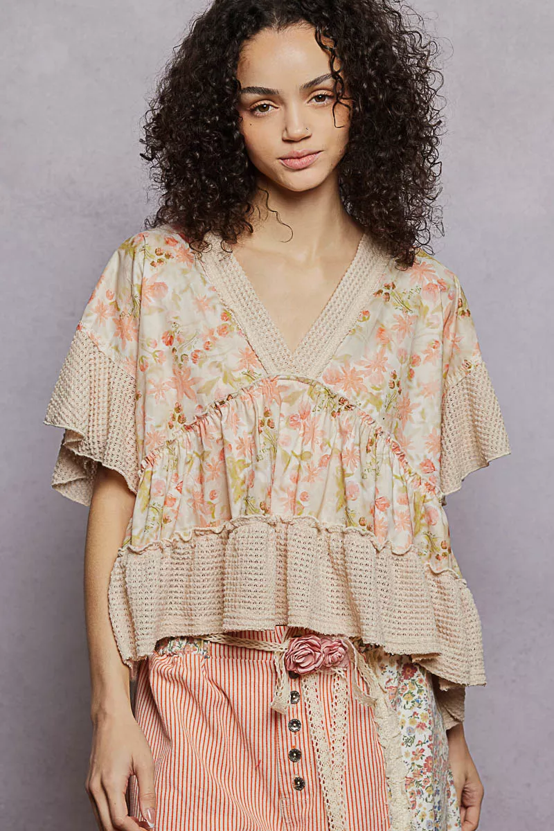 Floral Print V-Neck Woven Blouse with Gentle Gathers