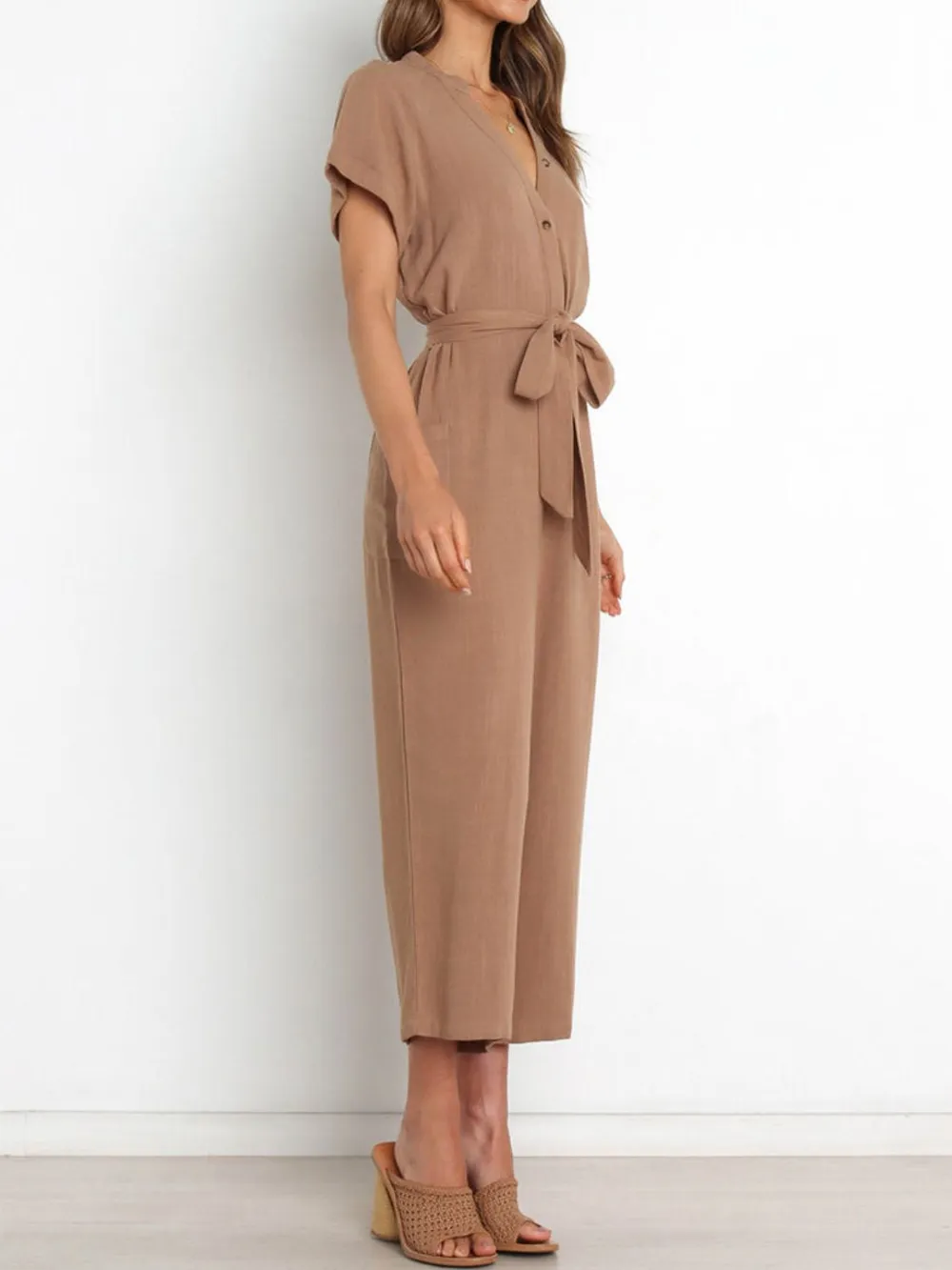 Notched Short Sleeve Tie Waist Jumpsuit, image 3