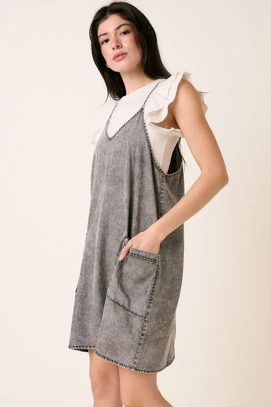 Washed Patch Pocket Mini Cami Denim Dress, image 2
