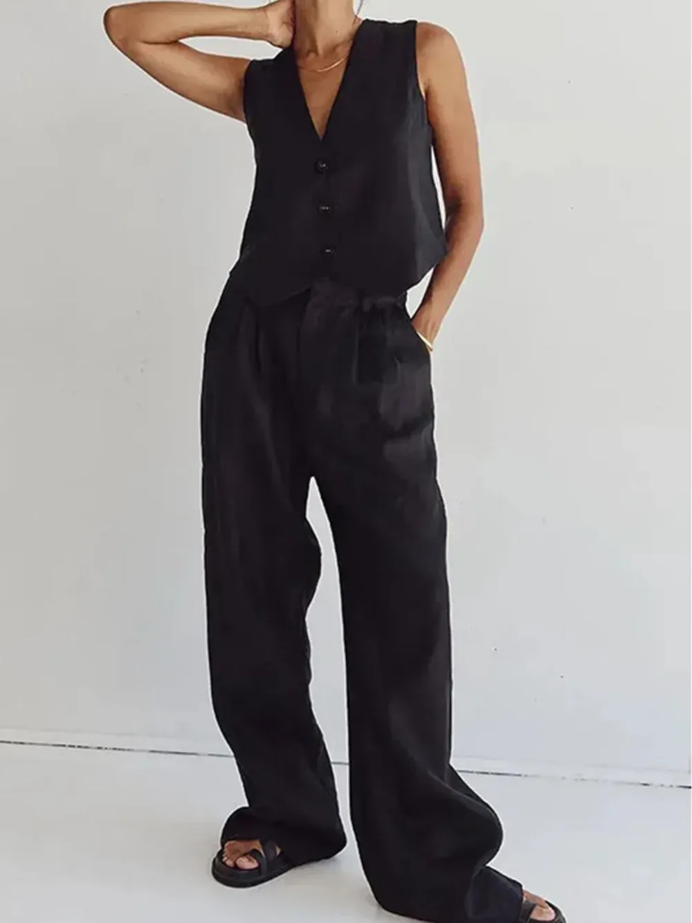 Full Size V-Neck Vest and Wide Leg Pants Set Plus Size, image 8