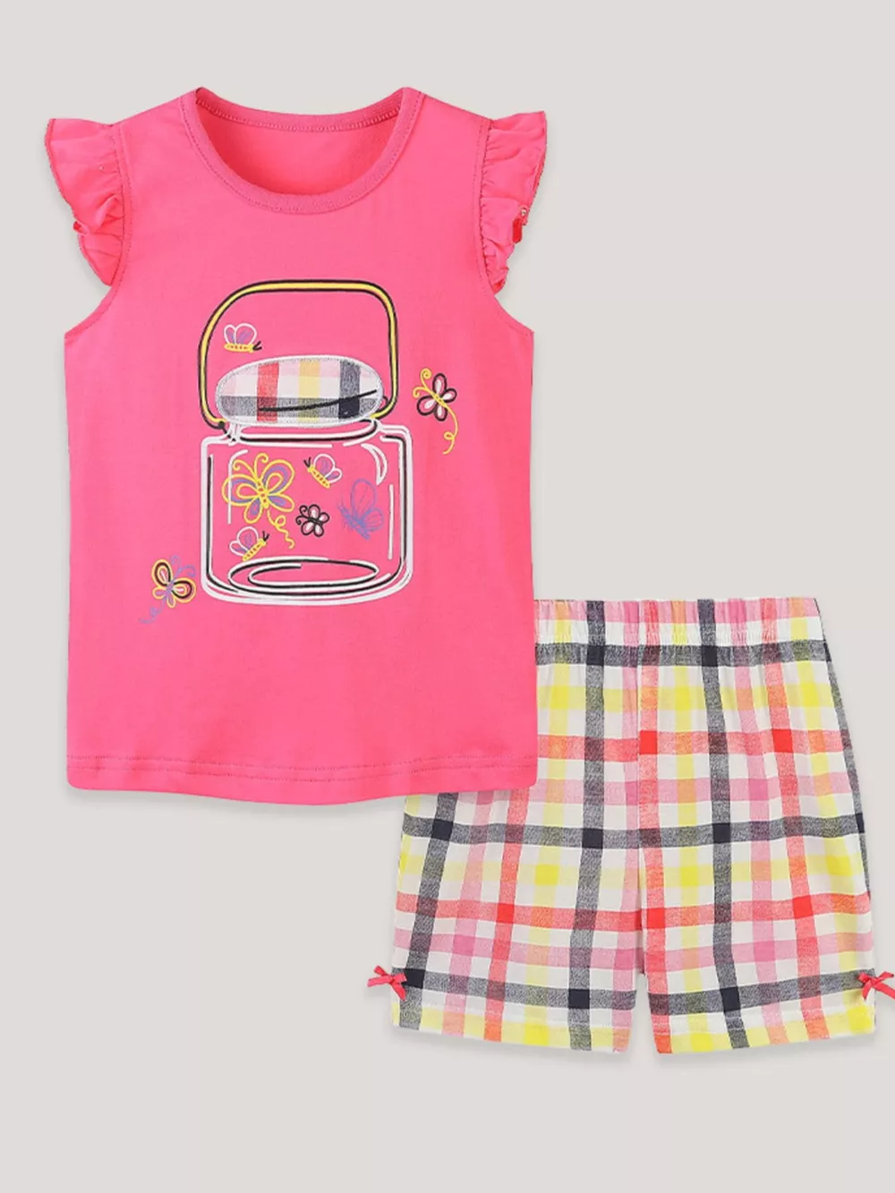Children's Cartoon Graphic Ruffle Trim Tee & Plaid Shorts Set, image 2