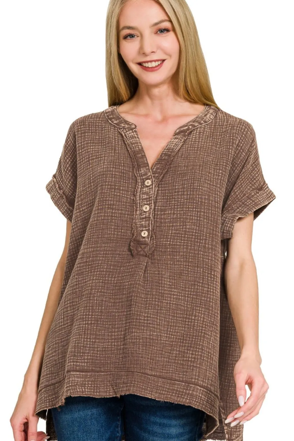 Washed Double Gauze 3/4 Button Henley Neck Shirt, image 2