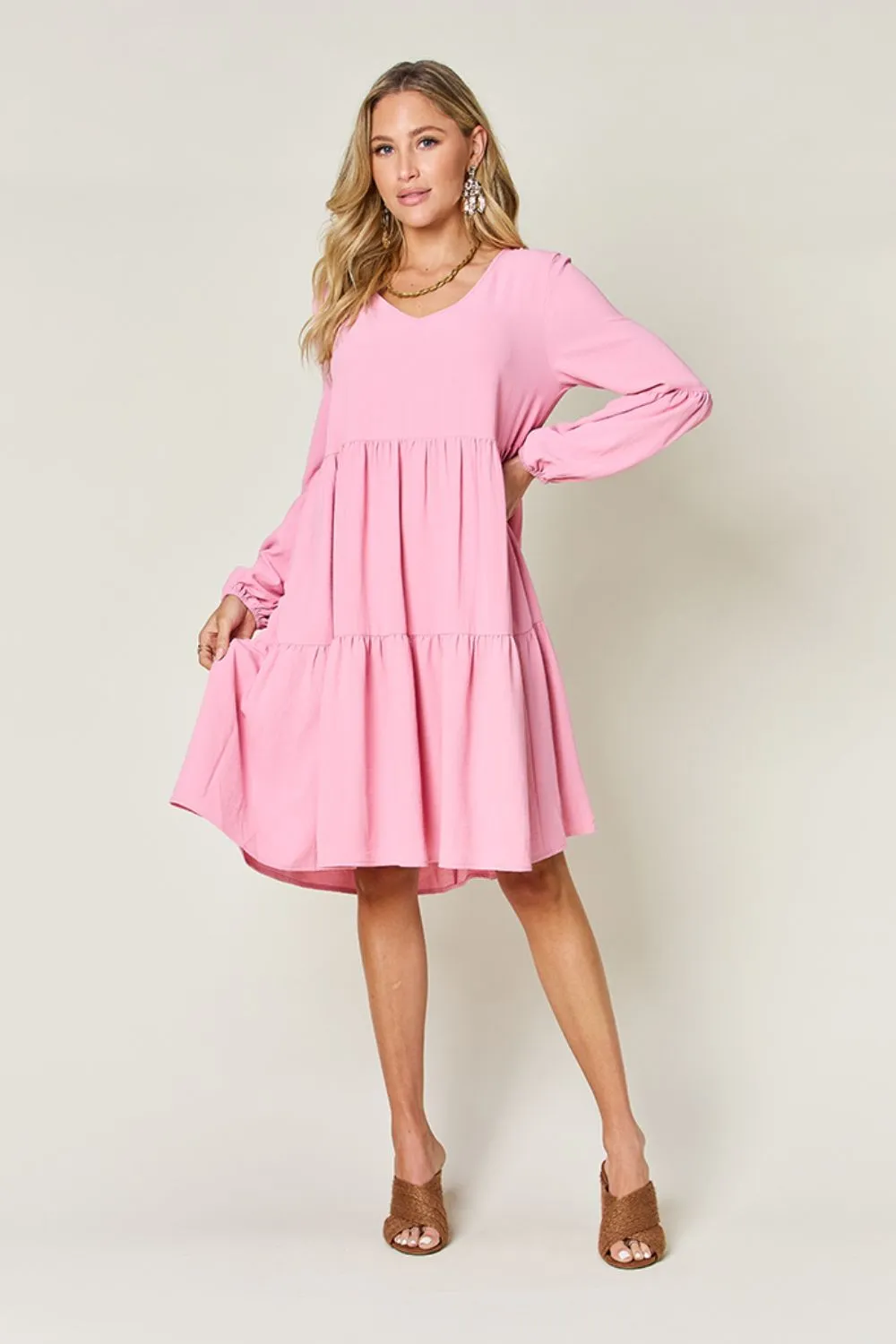 Full Size V-Neck Balloon Sleeve Tiered Dress with Pockets, image 3