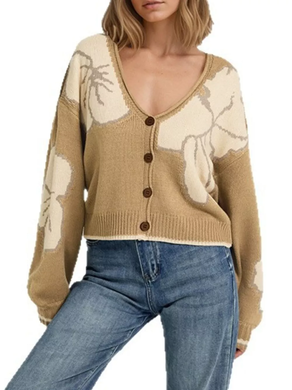 V-Neck Button-Down Knit Cardigan, image 3