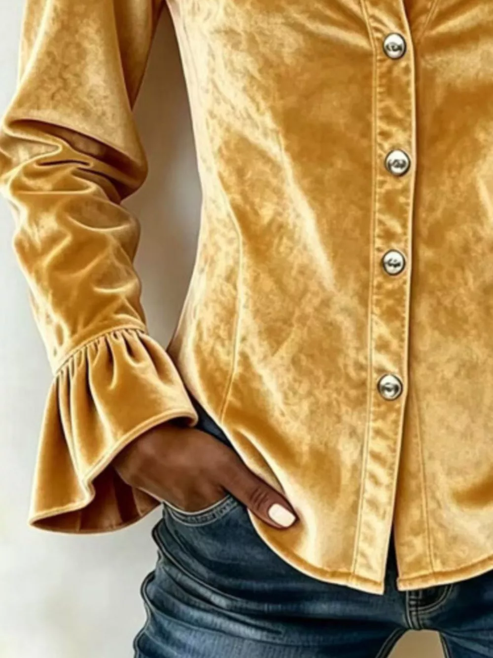 Velvet Button-Down Flounce Sleeve Shirt, image 11