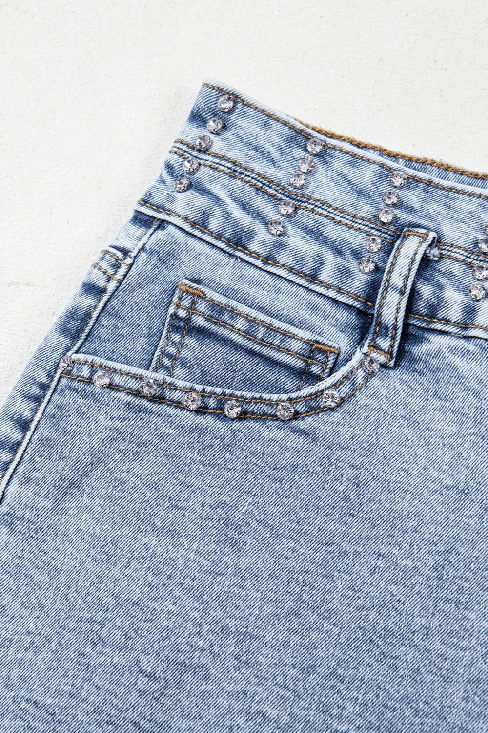 Rhinestone Light Wash Raw Hem High Waist Denim Shorts, image 6