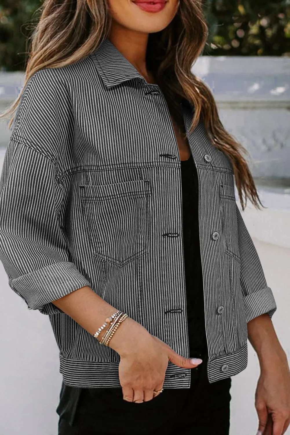 Striped Button Up Long Sleeve Denim Jacket, image 2
