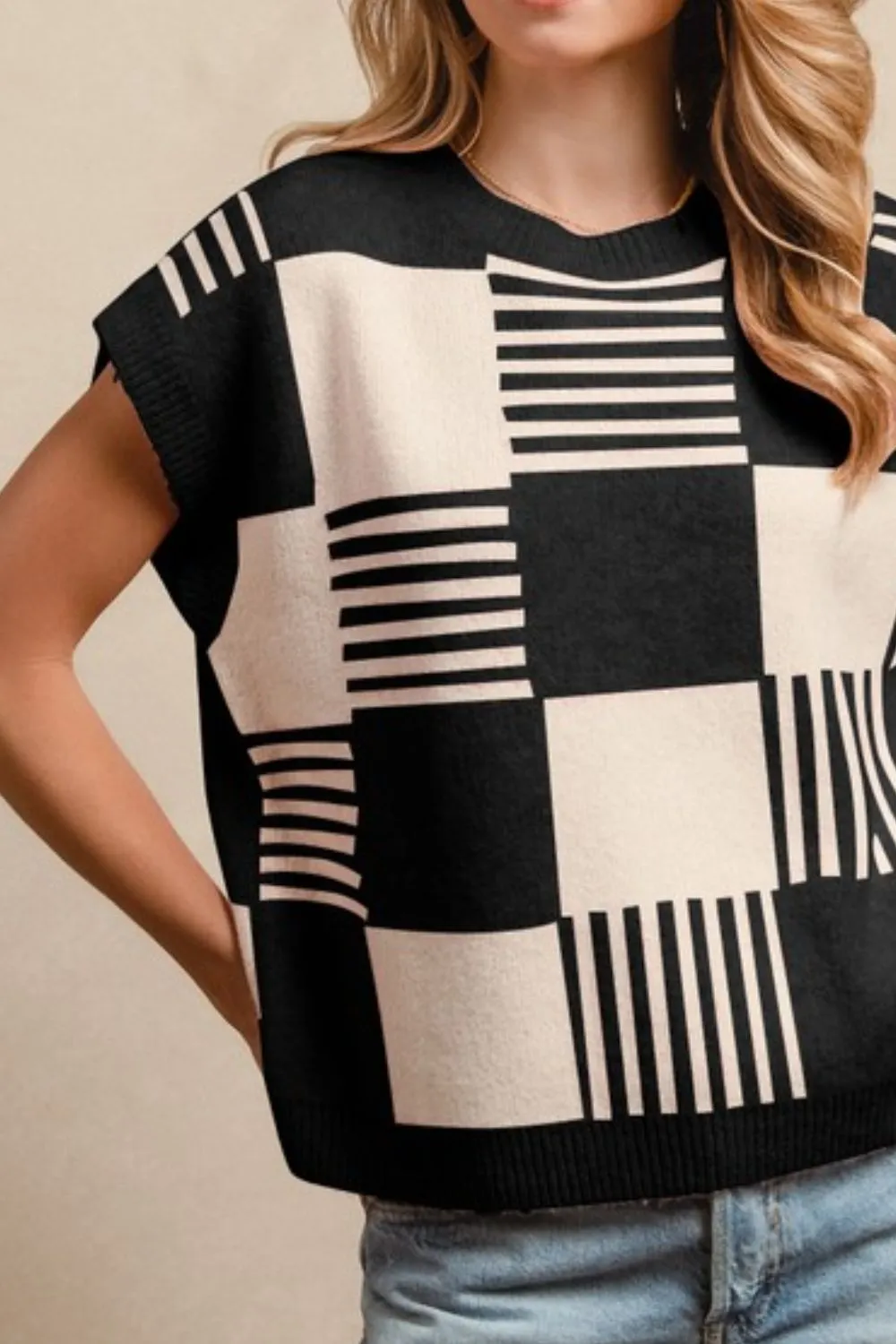 Checker With Stripes Pattern Sleeveless Sweater, image 2