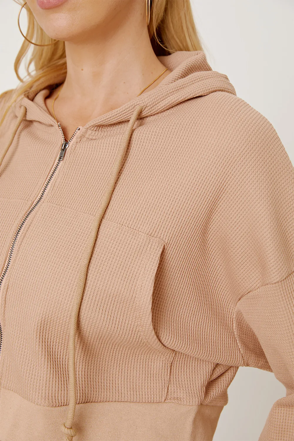 Waffle-Knit Drawstring Zip Up Hoodie, image 7