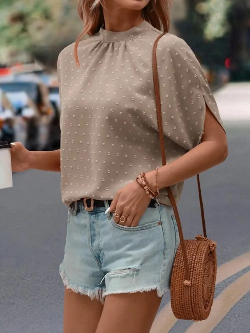 Swiss Dot Mock Neck Half Sleeve Blouse, image 9