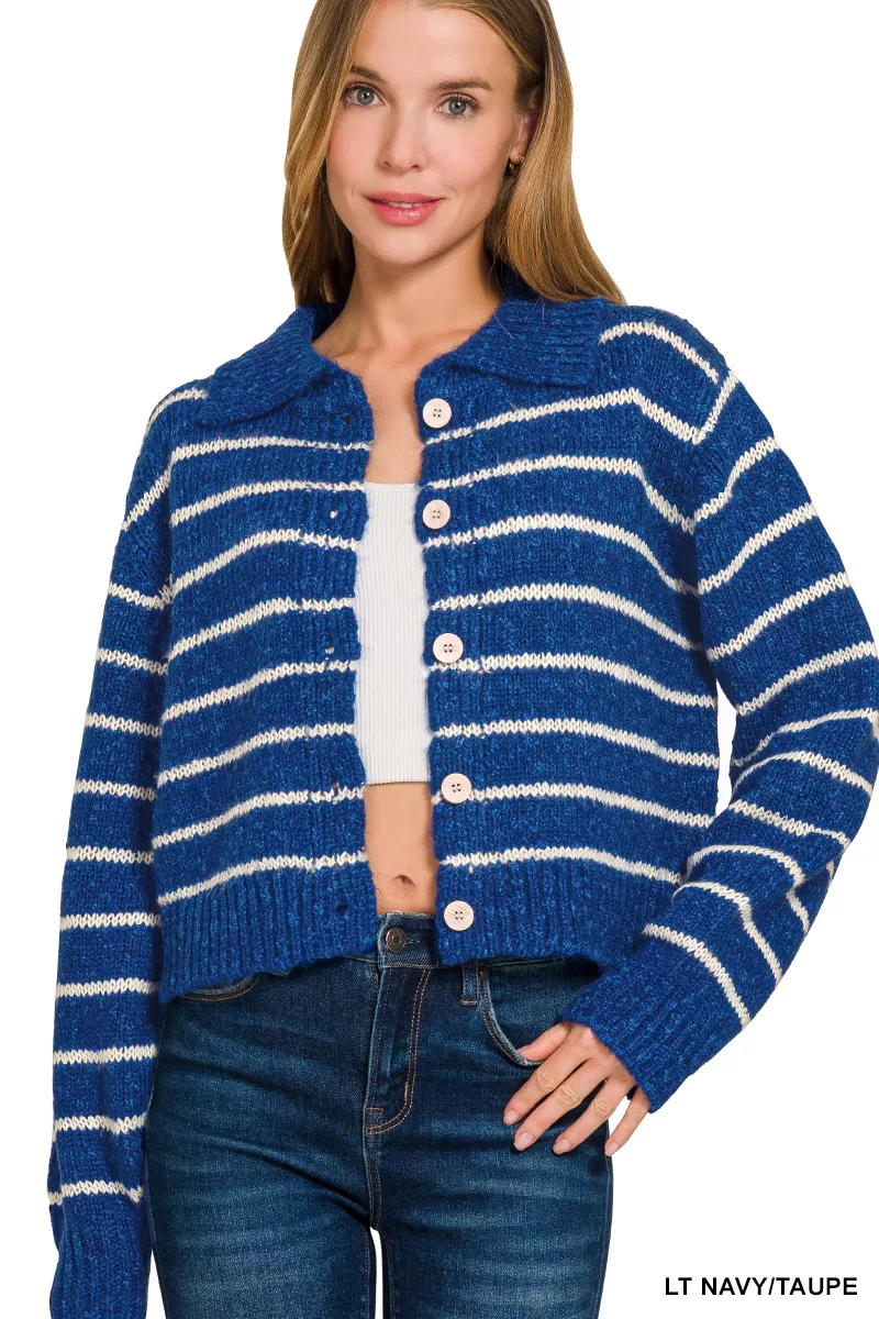 Striped Collared Button Down Sweater Cardigan, image 2