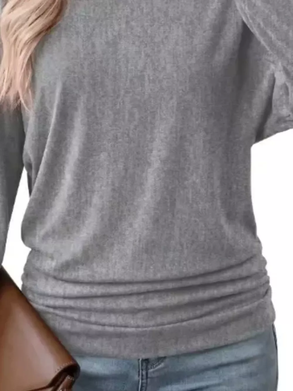 Long Sleeve Crew Neck Casual T-Shirt with Ruched Hem, image 4