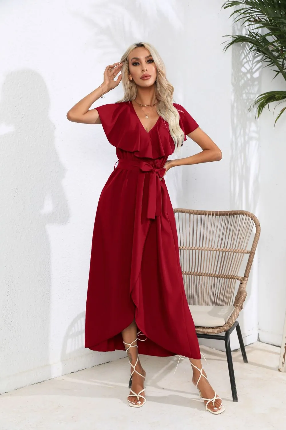 Tied Front Ruffled Short Sleeve Midi Dress, image 21