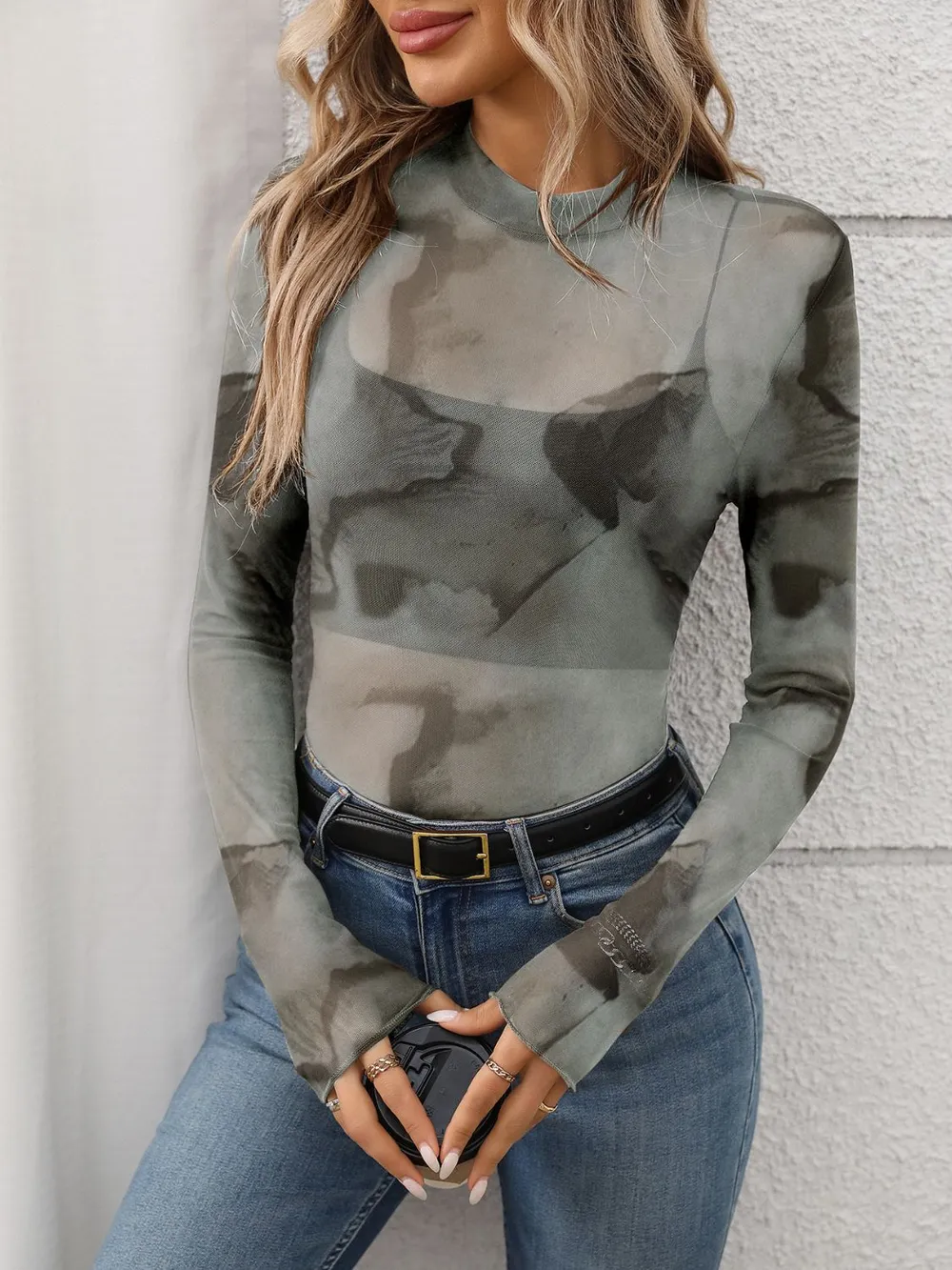 Printed Mock Neck Long Sleeve Mesh T-Shirt, image 2