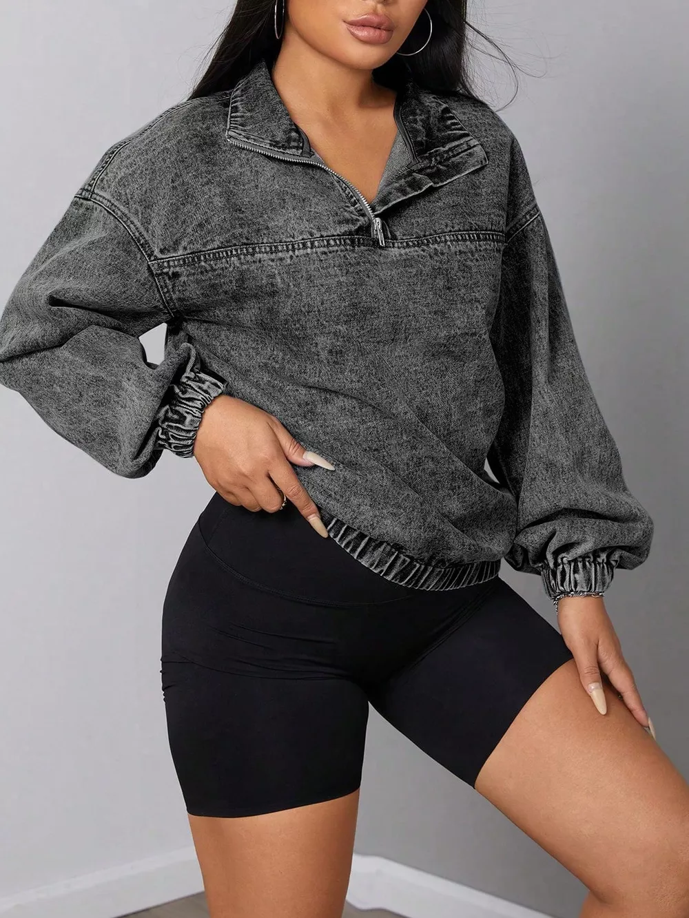 Elastic Hem Quarter Zip Denim Top, image 4