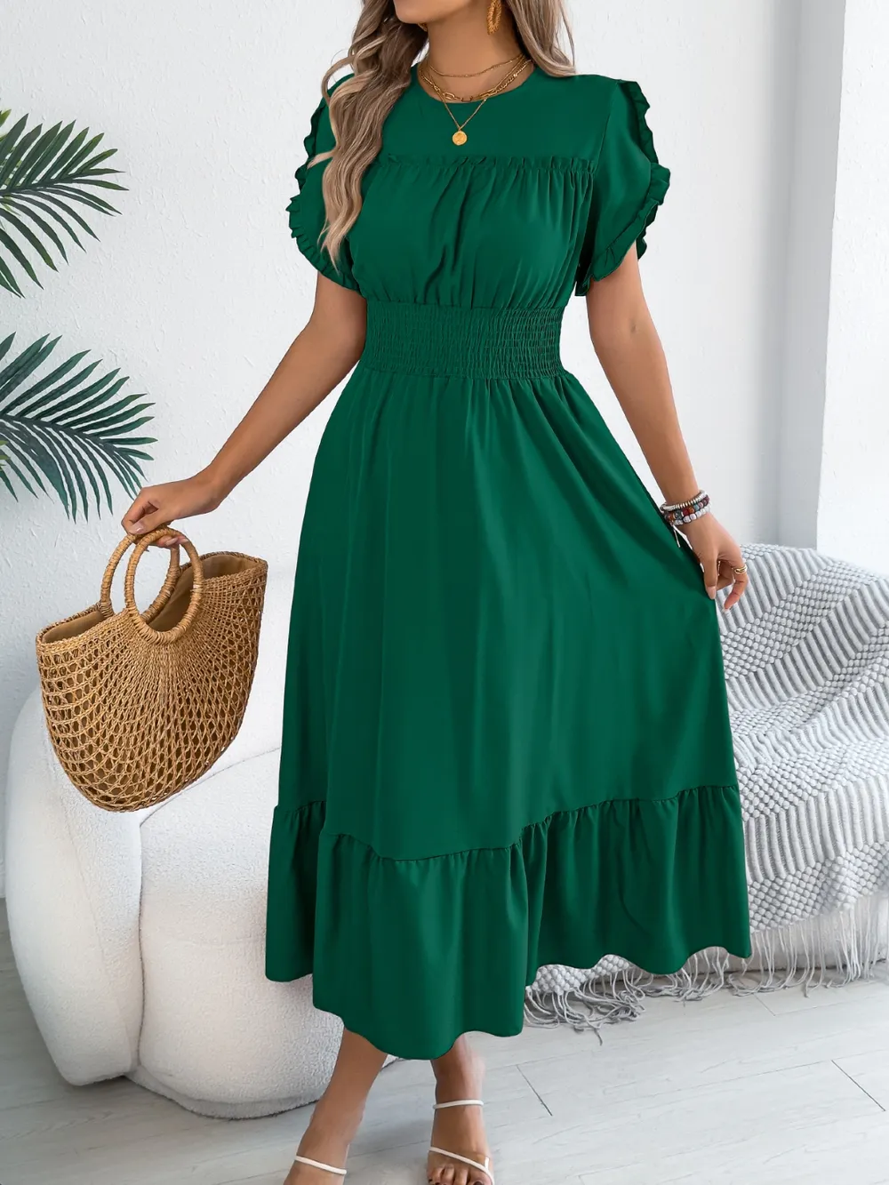 Smocked Frill Round Neck Midi Dress, image 3