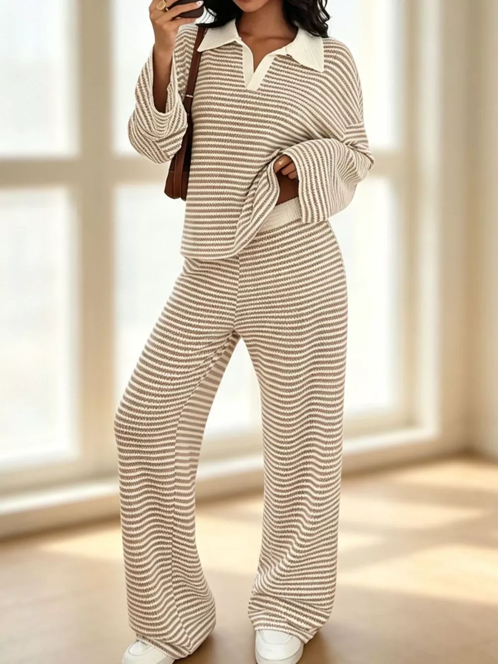 Striped Long Sleeve Polo and Wide-Leg Pants Set, image 15