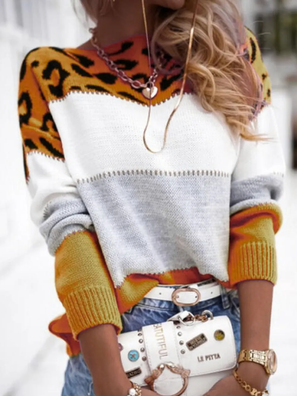 Leopard Color Block Round Neck Long Sleeve Sweater, image 11