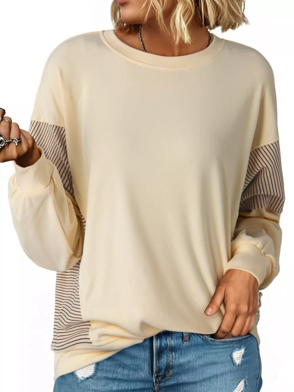 Color Block Striped Sleeve Casual Sweatshirt, image 11