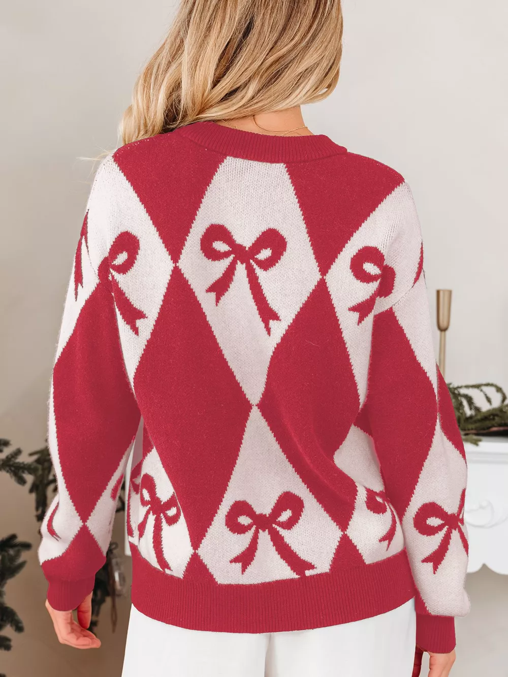 Bow Print 2-Tone Rhombus Knit Loose Sweater, image 2
