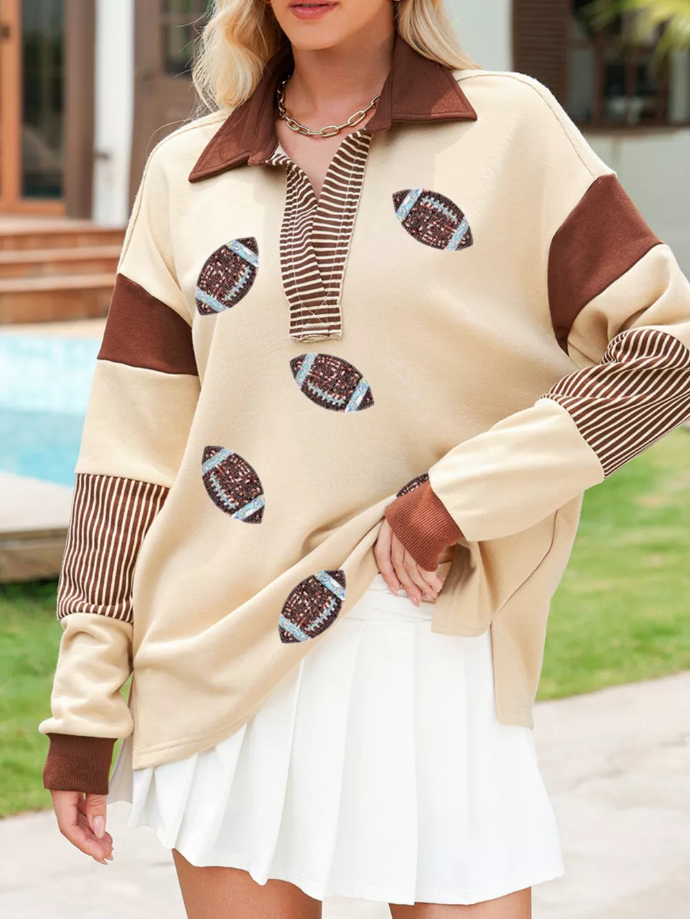 Color Block Striped Patchwork Sequin Rugby Graphic Polo Sweatshirt, image 4