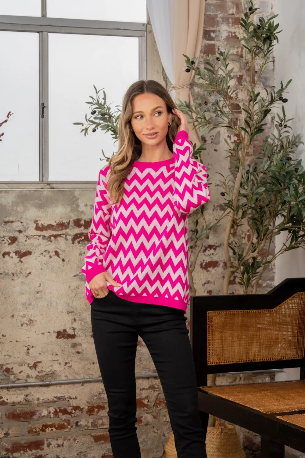 Full Size Wave Stripe Contrast Long Sleeve Sweater, image 4