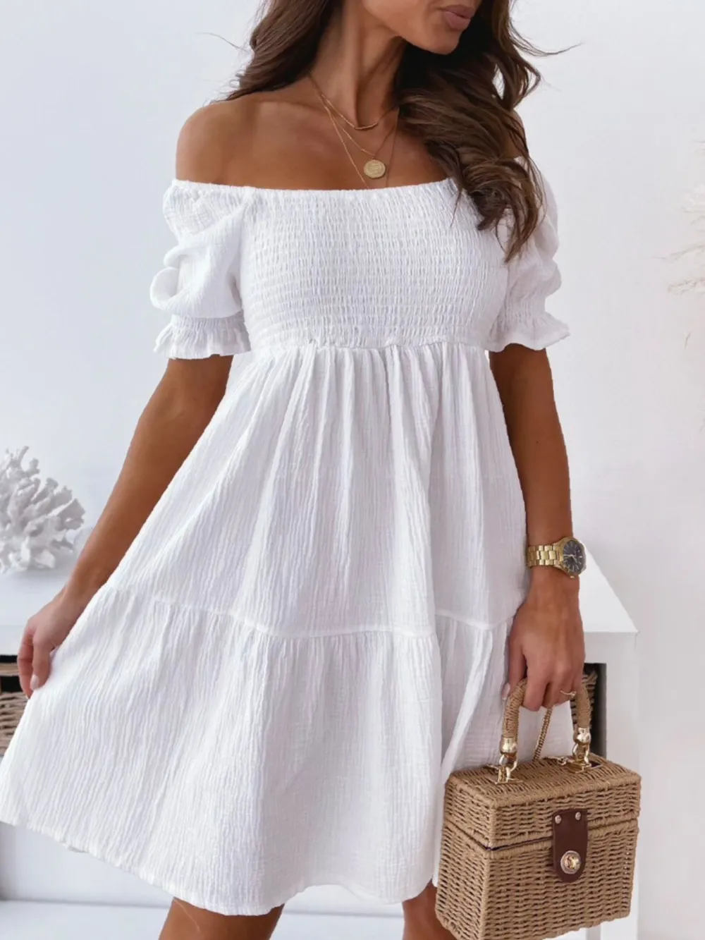 Smocked Off-Shoulder Mini Dress, image 3