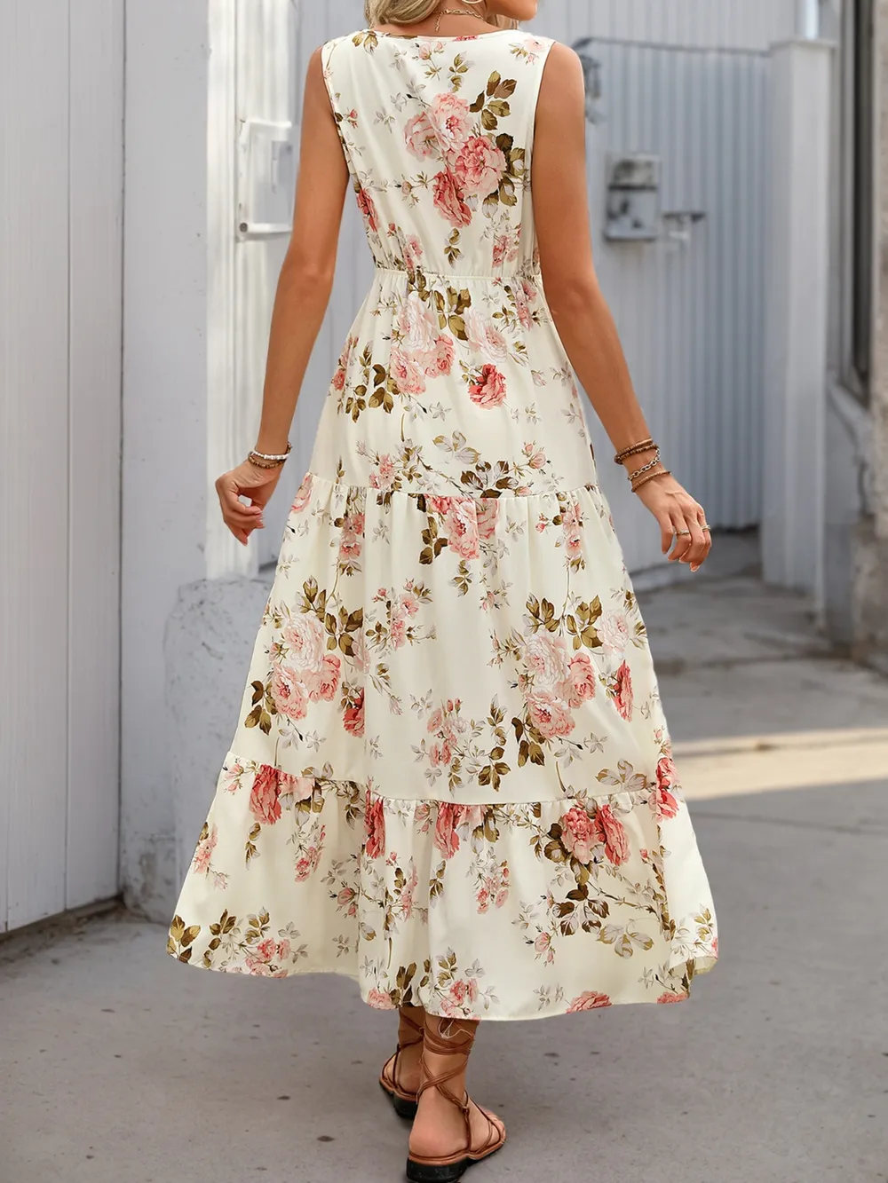 Printed Ruffled Hem V-Neck Sleeveless Dress, image 3