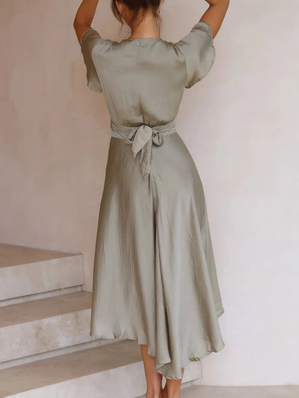 High-Low Plunge Flutter Sleeve Dress, image 2