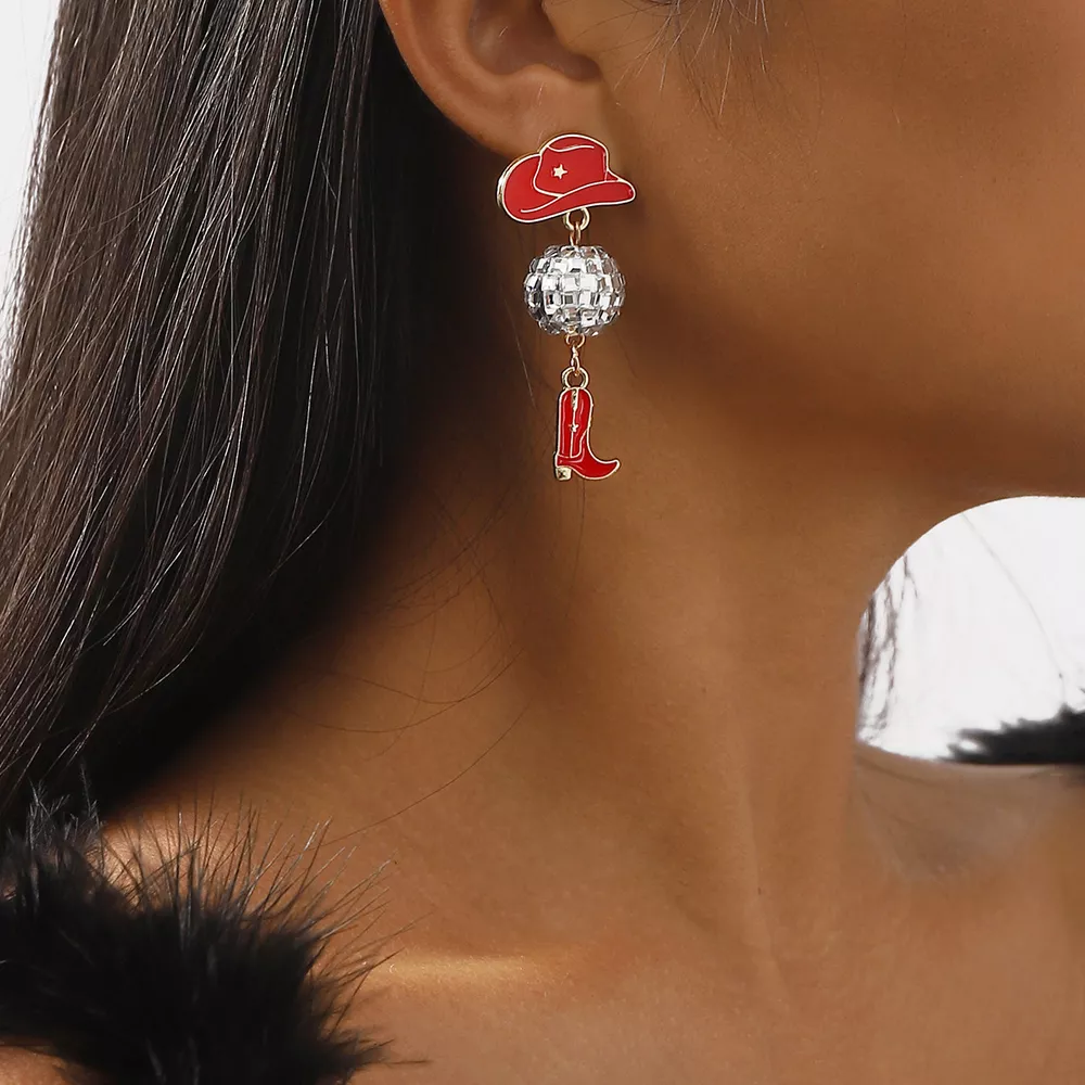 Asymmetrical Cowgirl Boot Hat Ball Dangle Earrings, image 3
