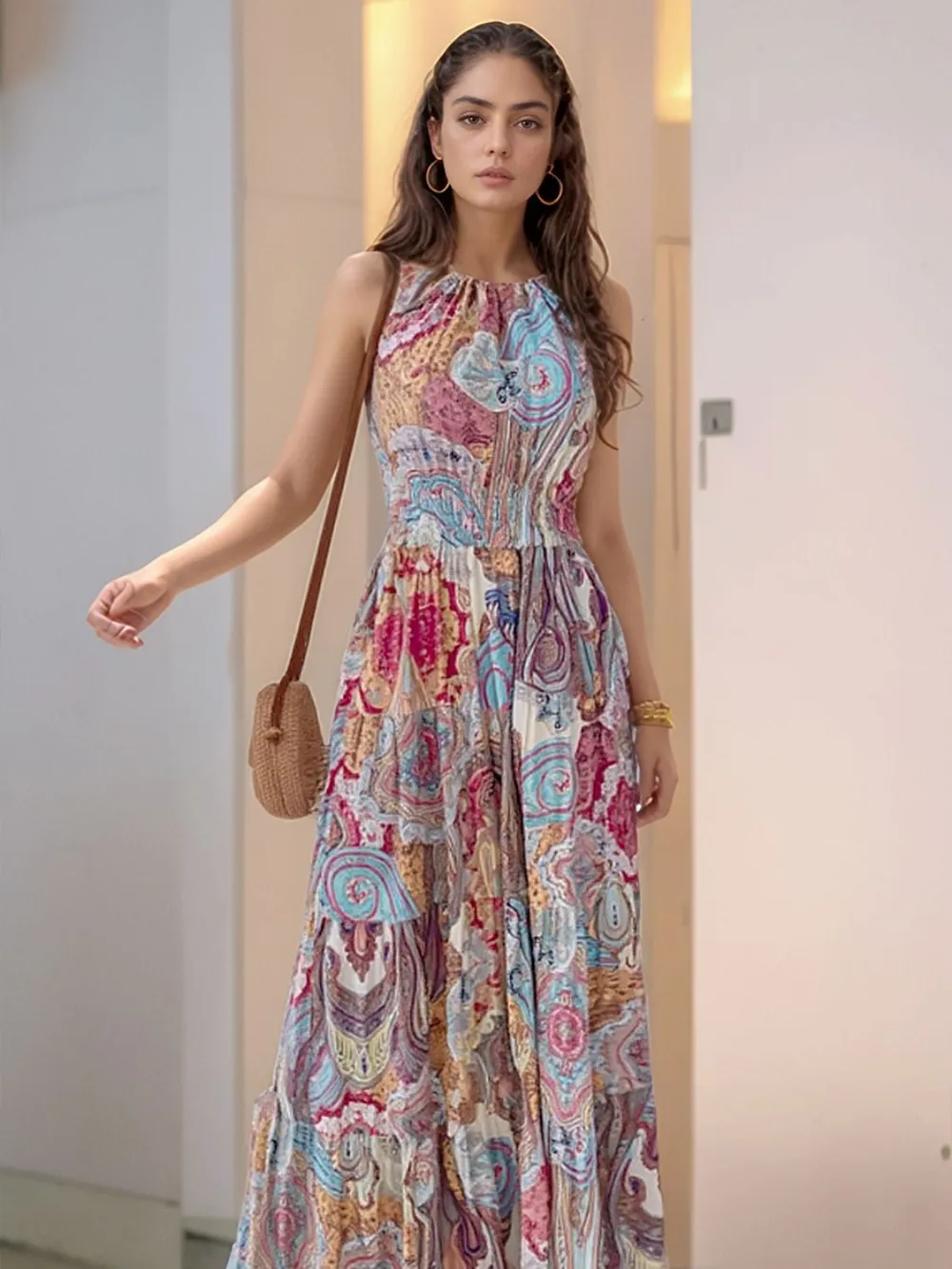 Printed Halter Neck Maxi Dress, image 3