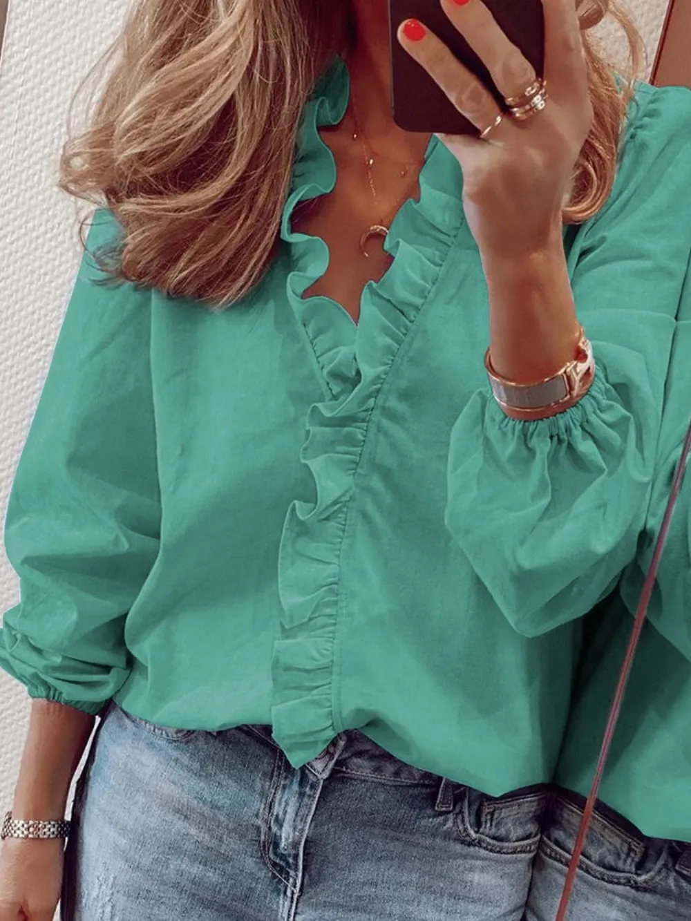 Ruffled V-Neck Long Sleeve Blouse, image 3