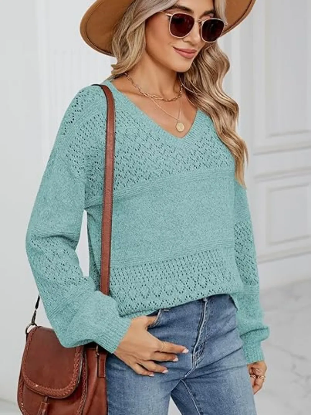 Eyelet V-Neck Long Sleeve Sweater, image 15