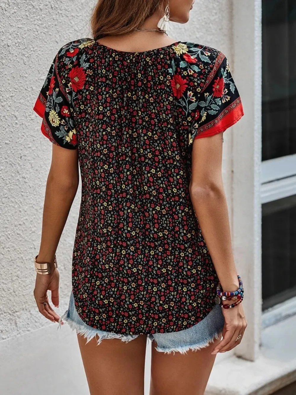 Printed Tie Neck Short Sleeve Blouse, image 4