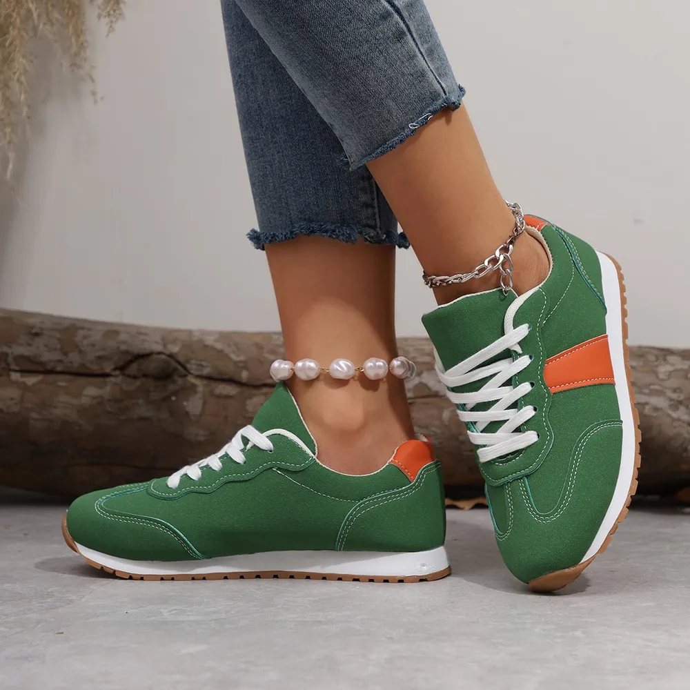 PU Leather Contrast Round Toe Flats Sneakers, image 6
