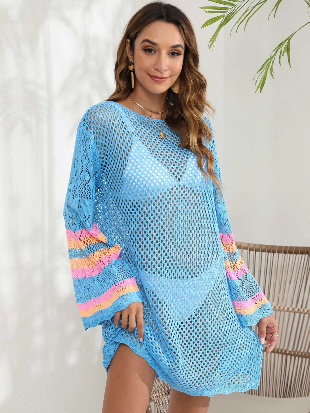 Openwork Contrast Long Sleeve Cover-Up, image 4