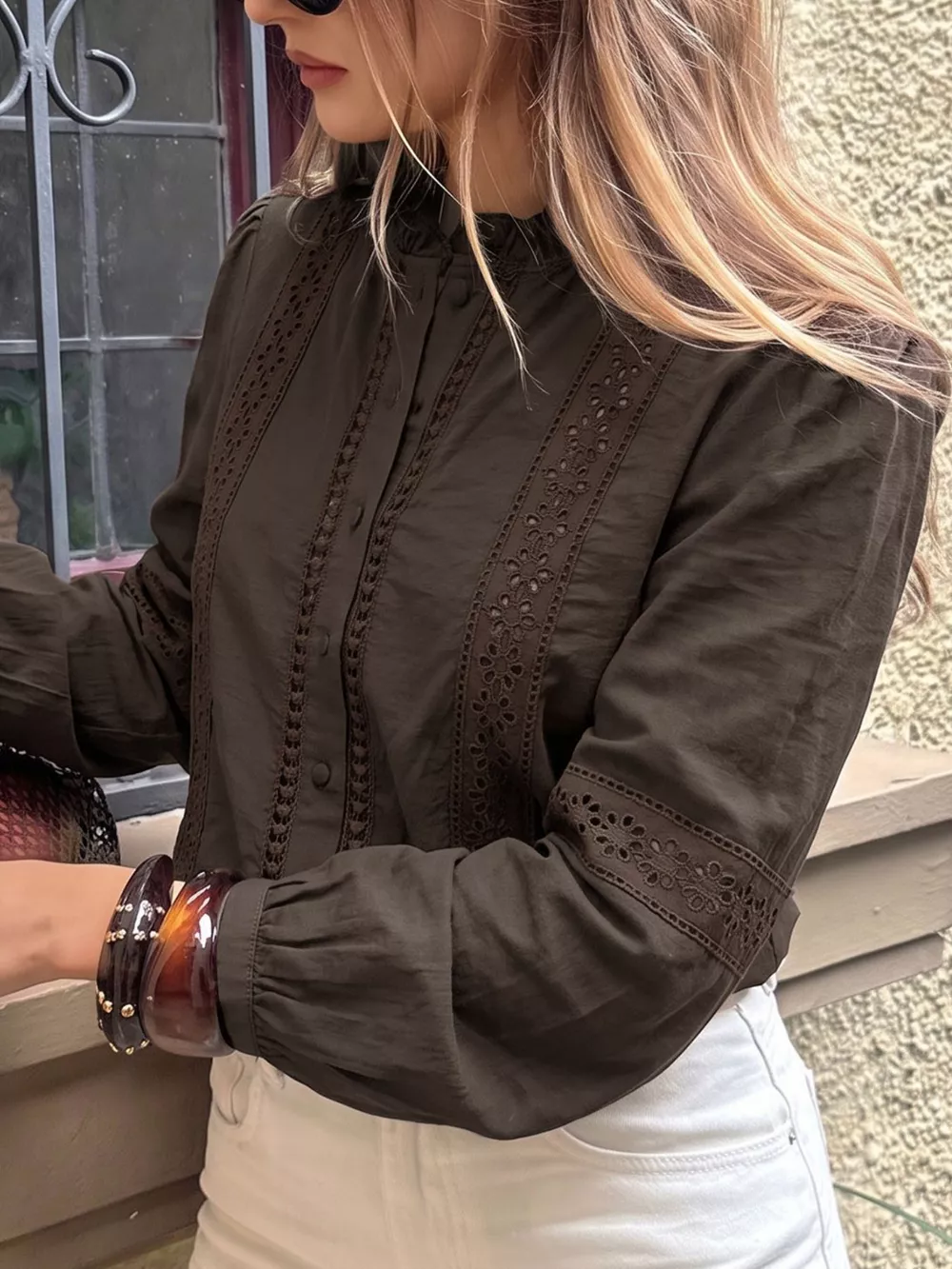 Eyelet Lace Trim Long Sleeve Blouse, image 4