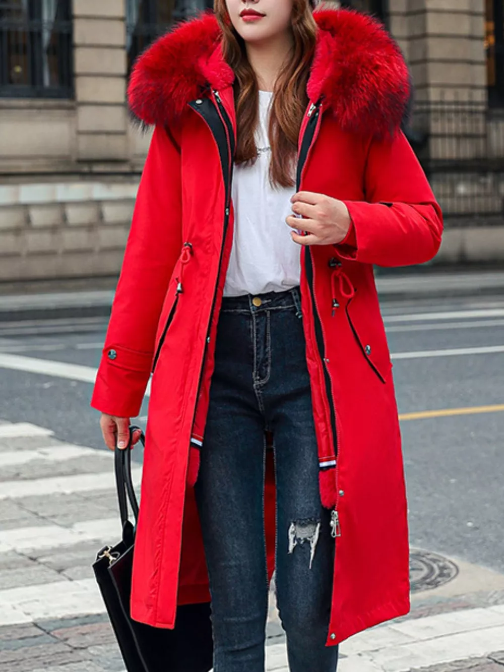 Plus Size Detachable Longline Hooded Parka with Faux Fur Trim and Drawstring Waist, image 34