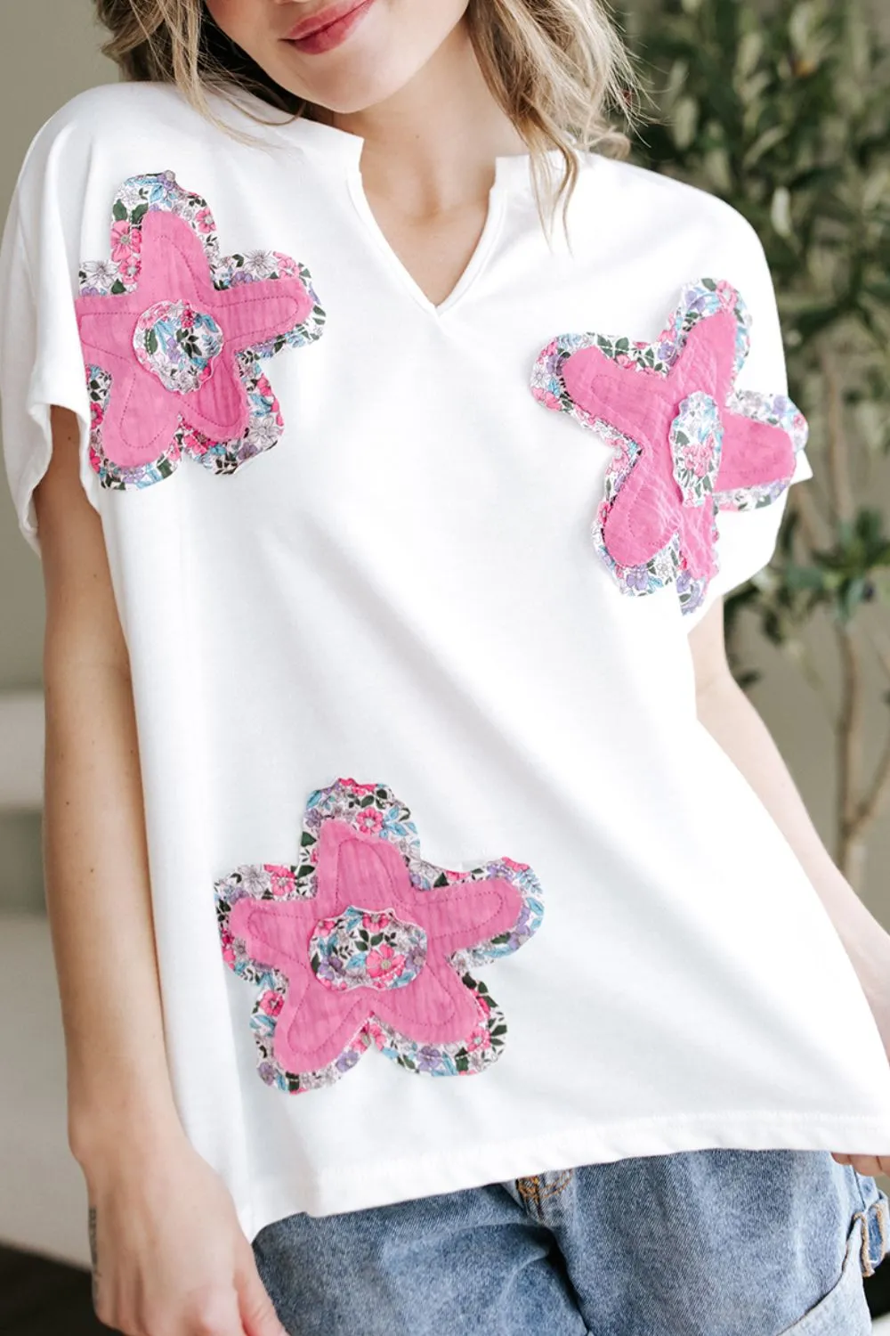 Floral Applique Notched Dolman Sleeve Top, image 2