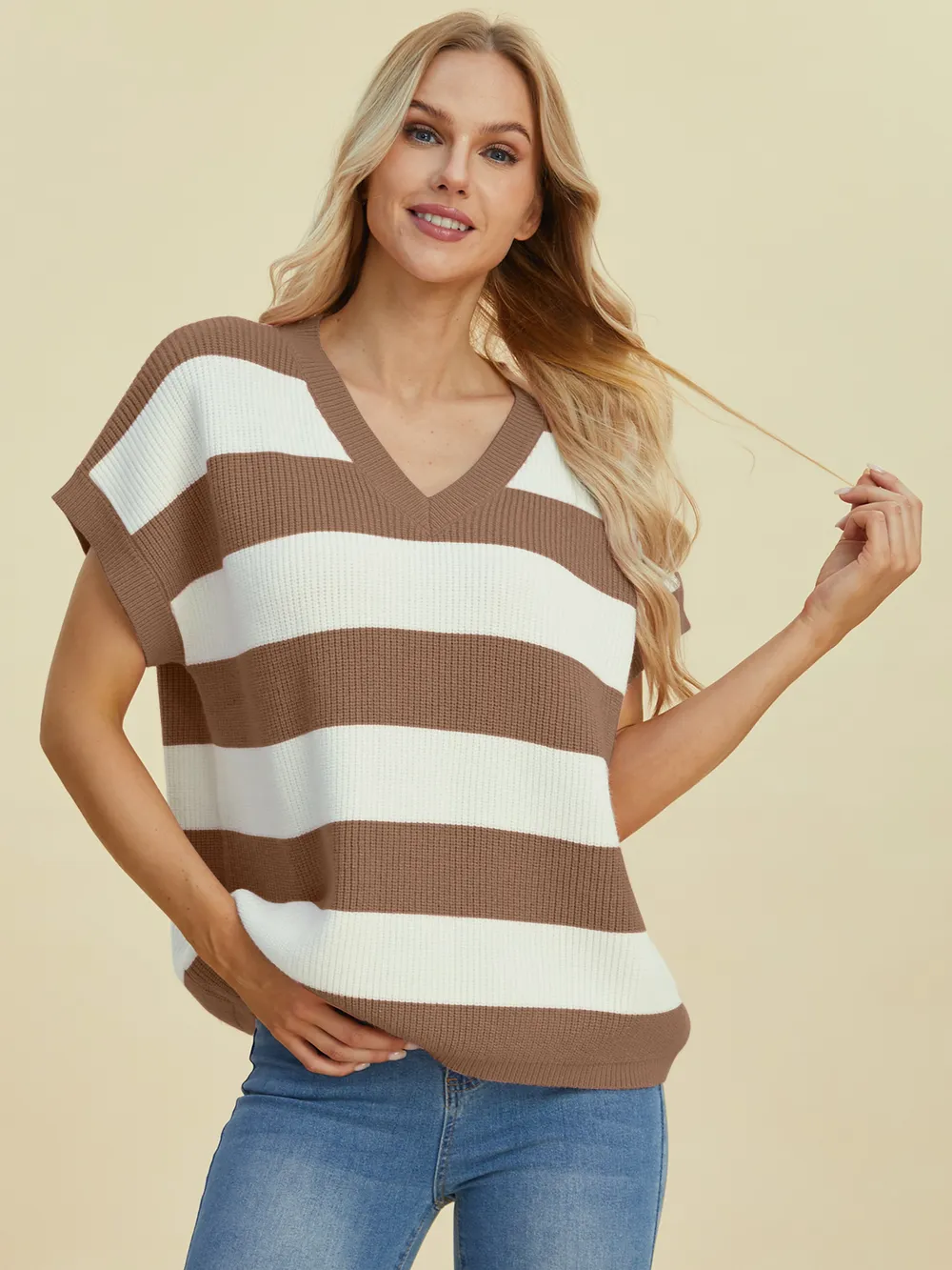 Full Size Striped V-Neck Short Sleeve Sweater, image 3