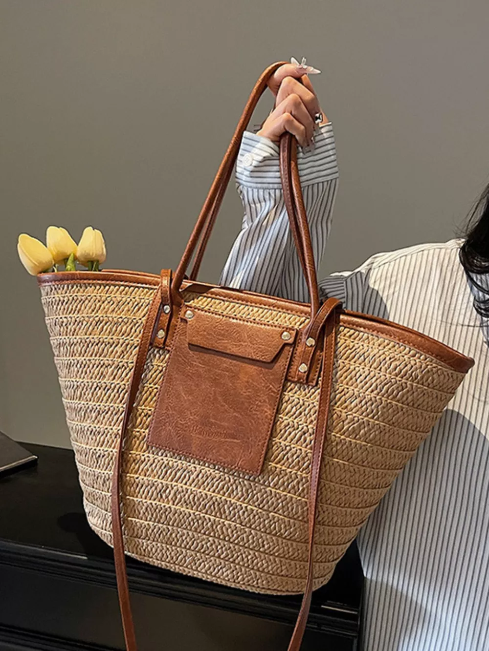 Straw Woven Shoulder Bag with Leather Accents, image 8