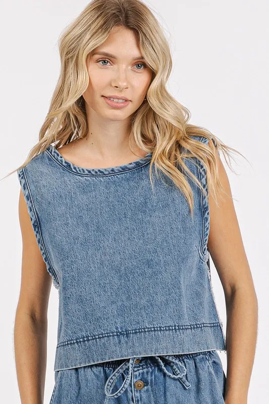 Washed Denim Distressed Detail Crop Tank, image 3