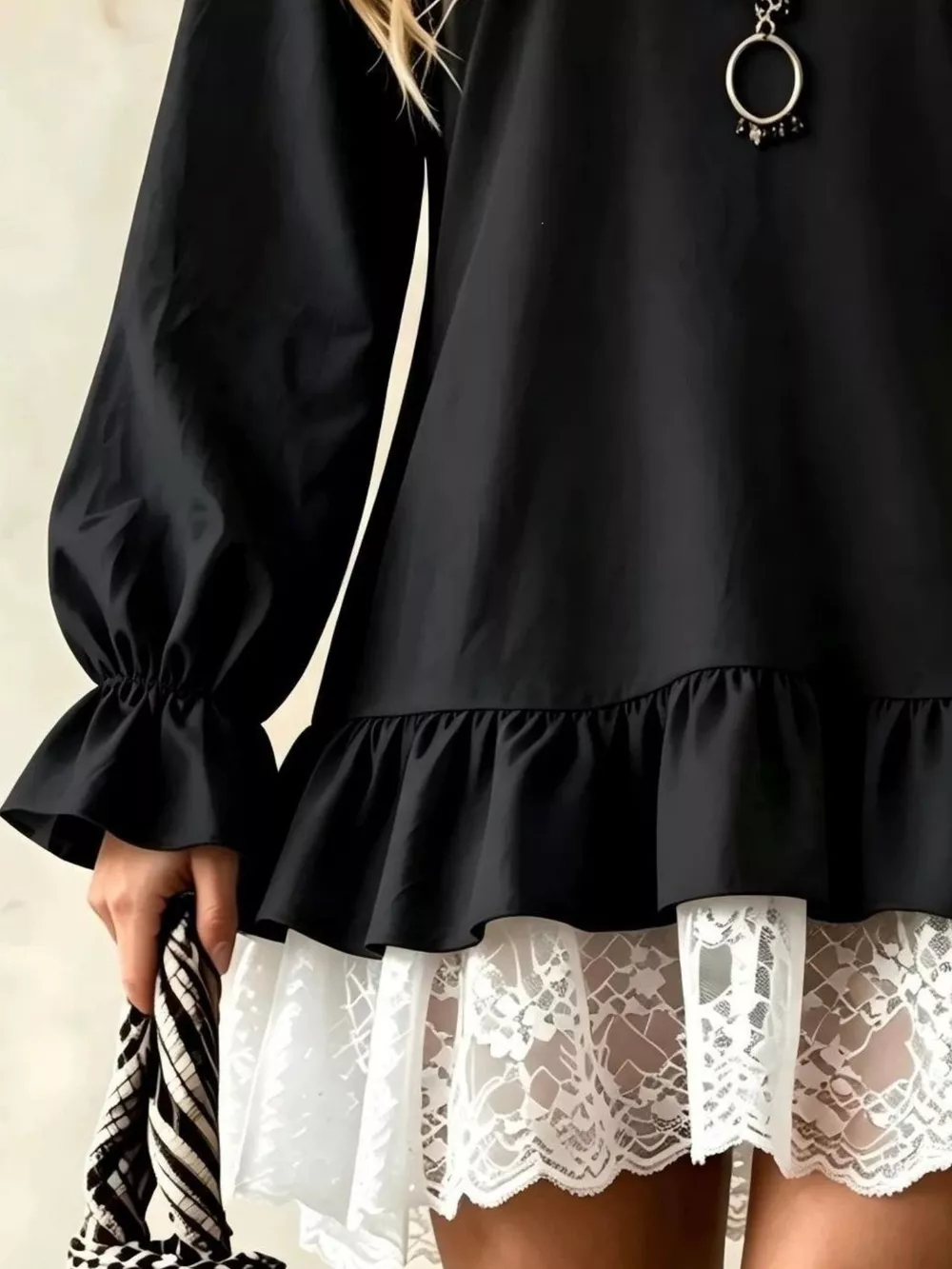V-Neck Long Sleeve Ruffle Hem Lace Trim Mini Dress, image 10