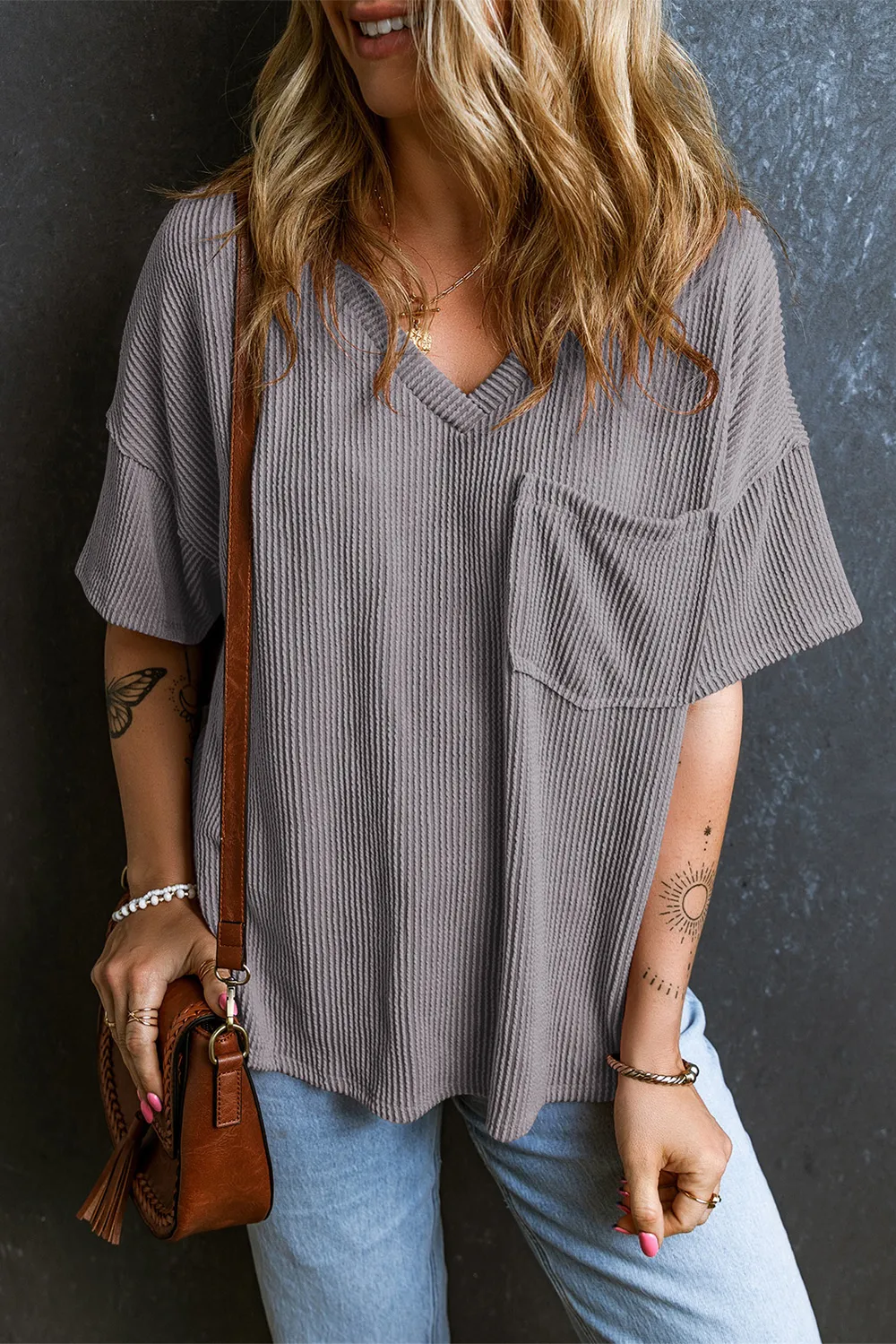 Textured V-Neck Dropped Shoulder T-Shirt, image 5