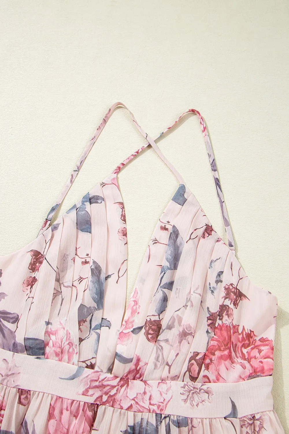 Floral Pleated Deep V Backless Maxi Dress, image 2