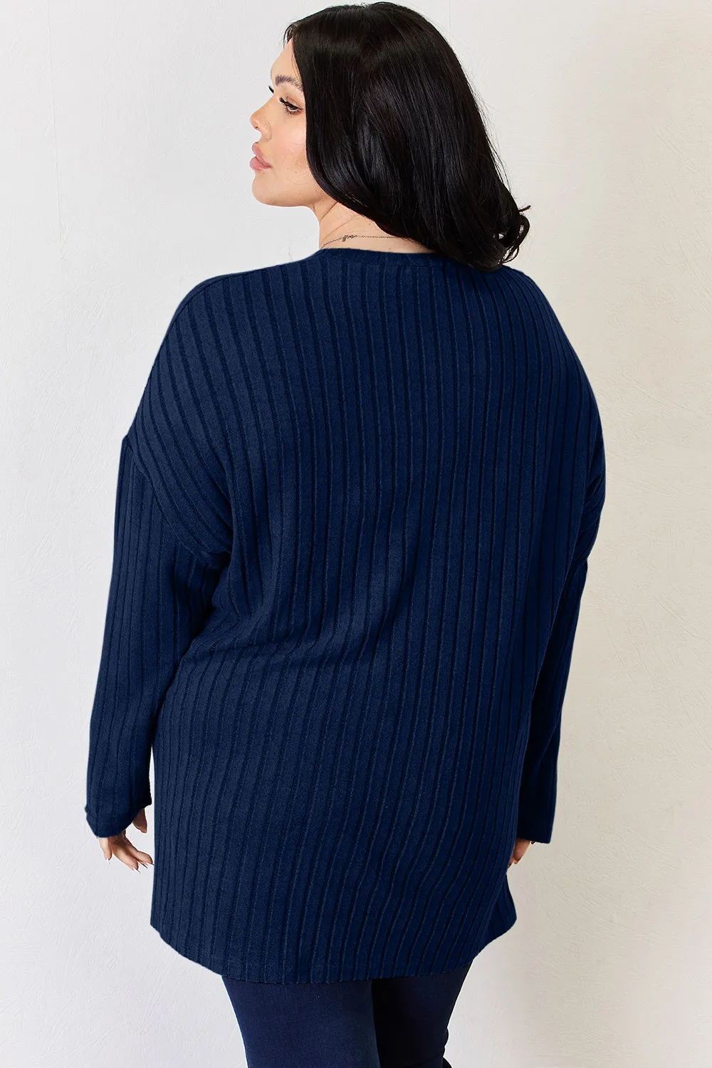 Full Size Ribbed Half Button Long Sleeve High-Low T-Shirt, image 5