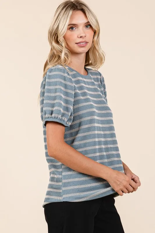Contrast Striped Short Puff Sleeve Knit Top, image 4