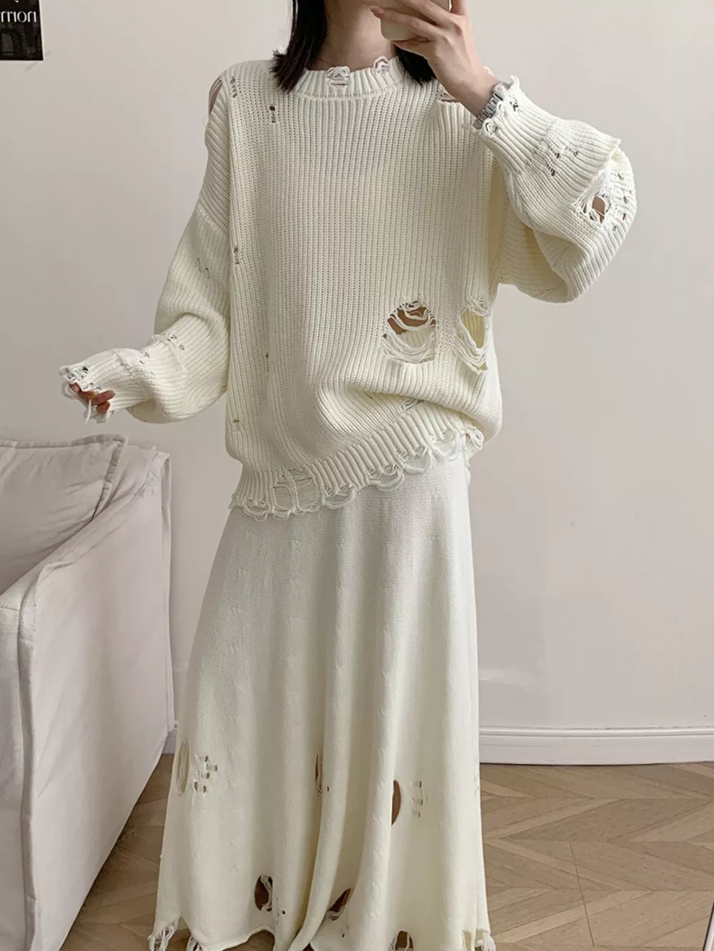 Distressed Long Sleeve Sweater and Skirt Set, image 2