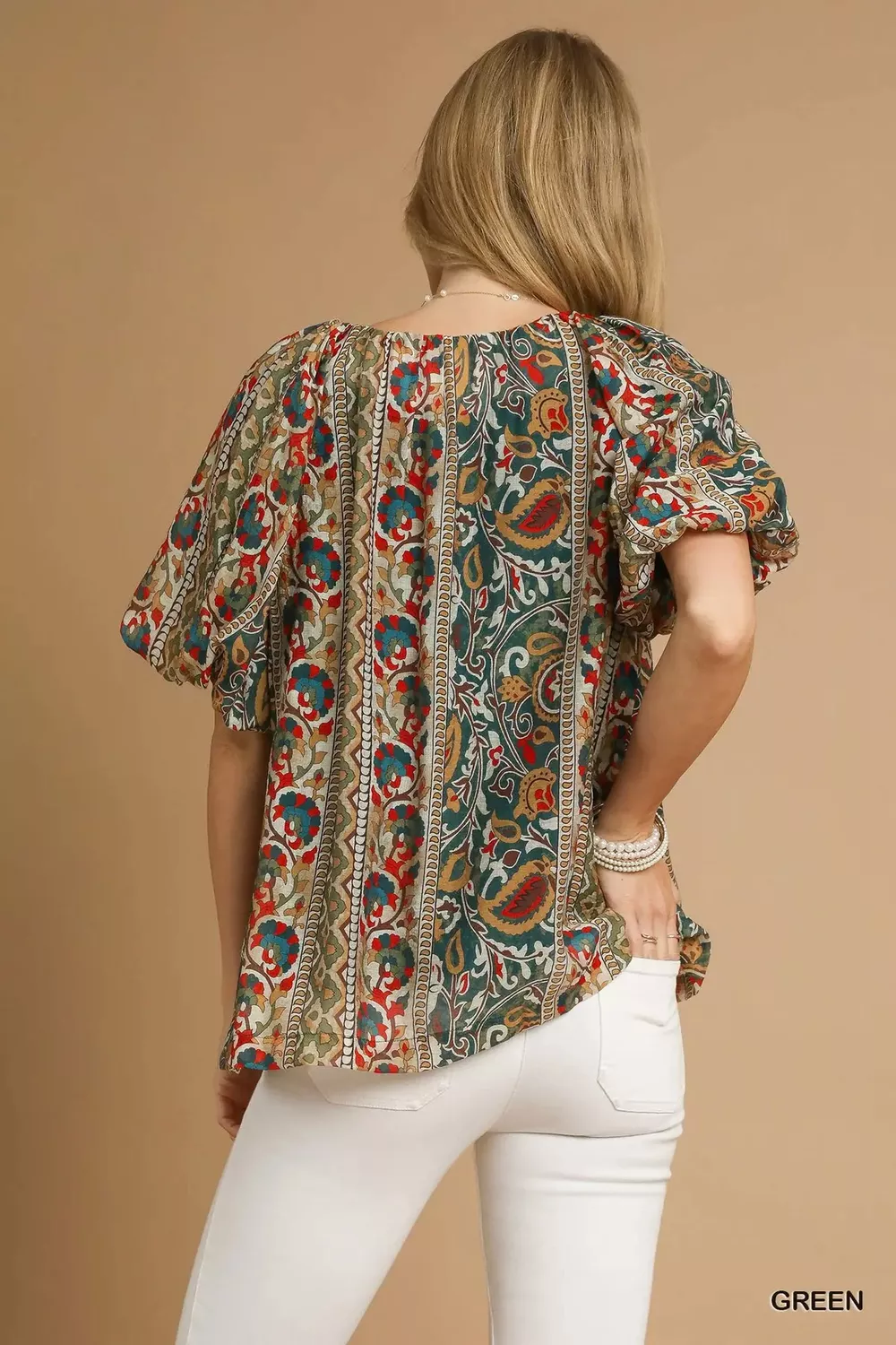 Boho Floral Stripe Puff Sleeve Blouse, image 2