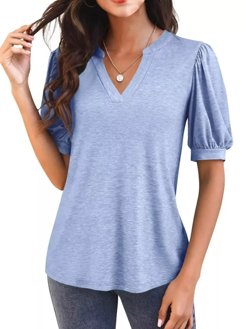 Puff Sleeve Notched Casual T-Shirt, image 19